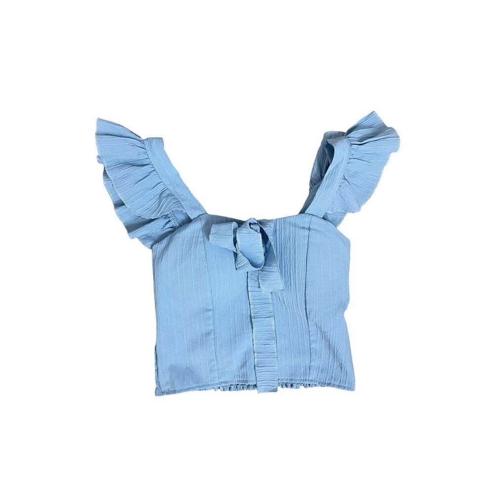 Blue Ruffle Crop Top Smocked Back Tie Front Sleeveless Summer Size S